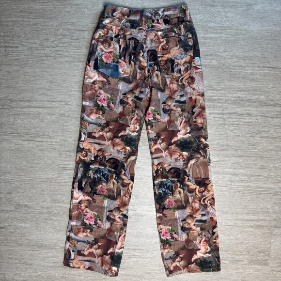 SHEIN Renaissance Cherub Print Straight Leg Pants Size 26 Angel Baroque Art Y2K - Picture 2 of 10